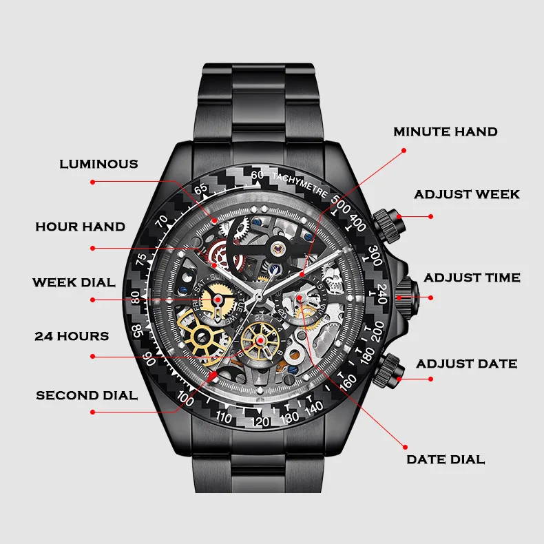 HANBORO Men Chronograph Watch Luxury Mens Automatic Watches Waterproof Luminous Mechanical Wristwatch Hollow Out Dial Week Date