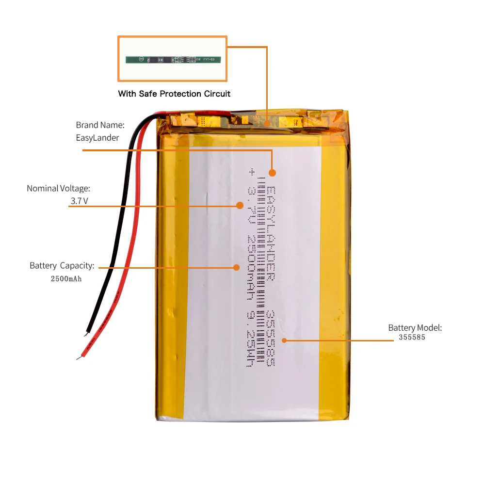 355585 3.7V 2500mAh Rechargeable Lithium Li-ion Polymer Battery For Phone E-book power bank psp DVD DVR GPS PDA