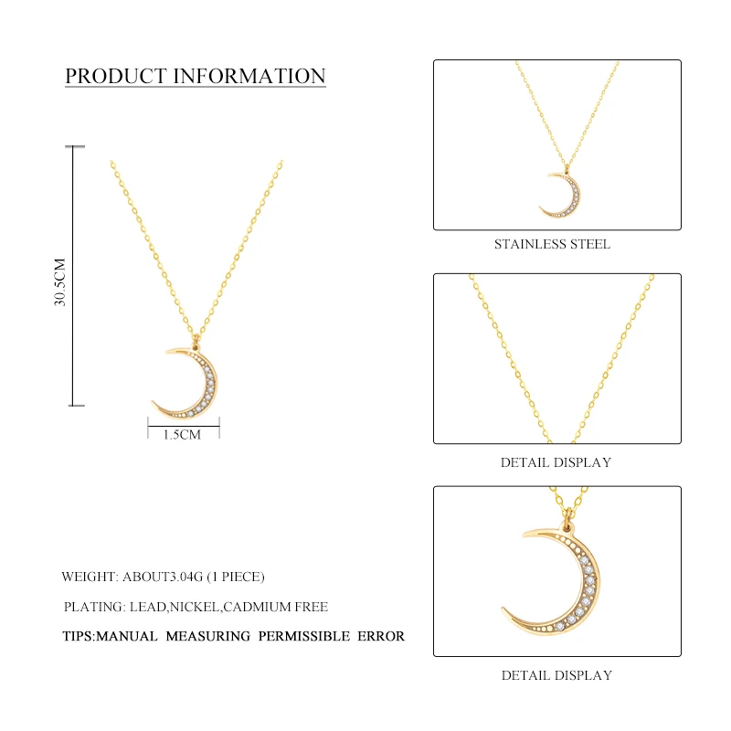 Wild&Free New Simple Crescent Moon Necklace Plain Half Moon Crystal Pendant Necklaces for Women Stainless Steel Fashion Jewelry