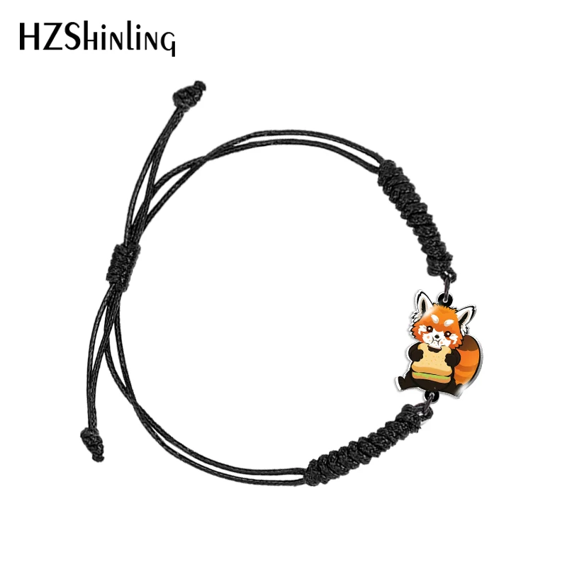 Cartoon Red panda Animal Black and Red Woven Adjustable Bracelet Rope Chain Acrylic Resin Epoxy Fashion Jewelry for Women