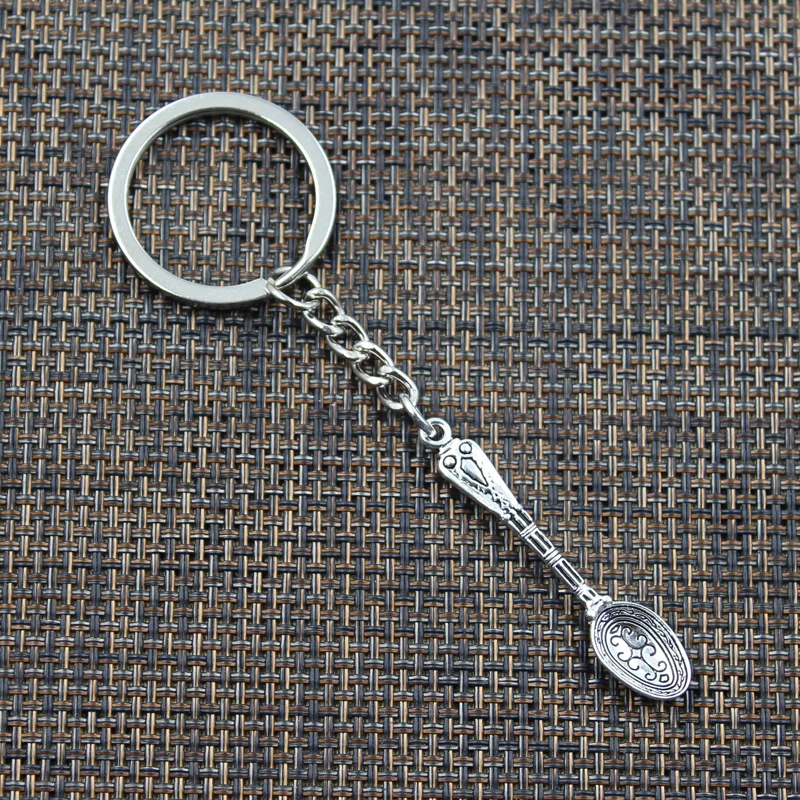 New Fashion Men 30mm Keychain DIY Metal Holder Chain Vintage Pattern Spoon 48x10mm Silver Color Pendant Gift