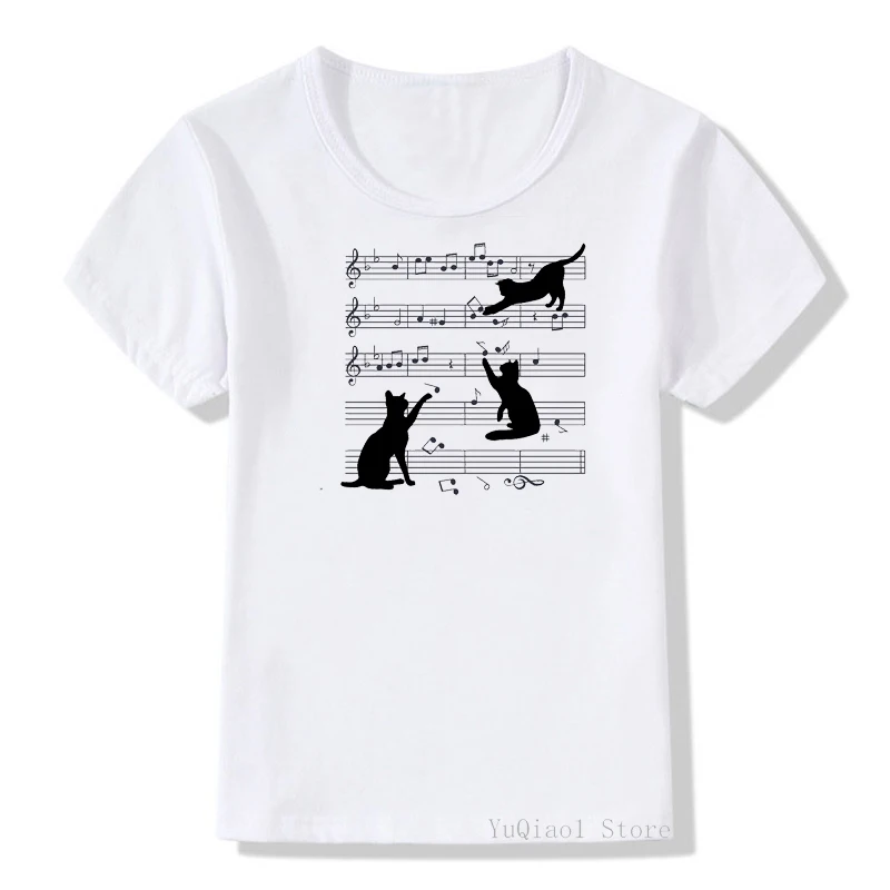 Cute Black cat with music notes print funny kids t shirts summer white top for boys girls kittens print t-shirt unisex tshirt