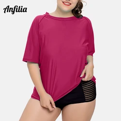 Anfilia Women's Plus Size Short Sleeve Rashguard Shirts UPF 50+ Swimwear Swimsuit UV-Protection Rash Guard Solid Beach Wear