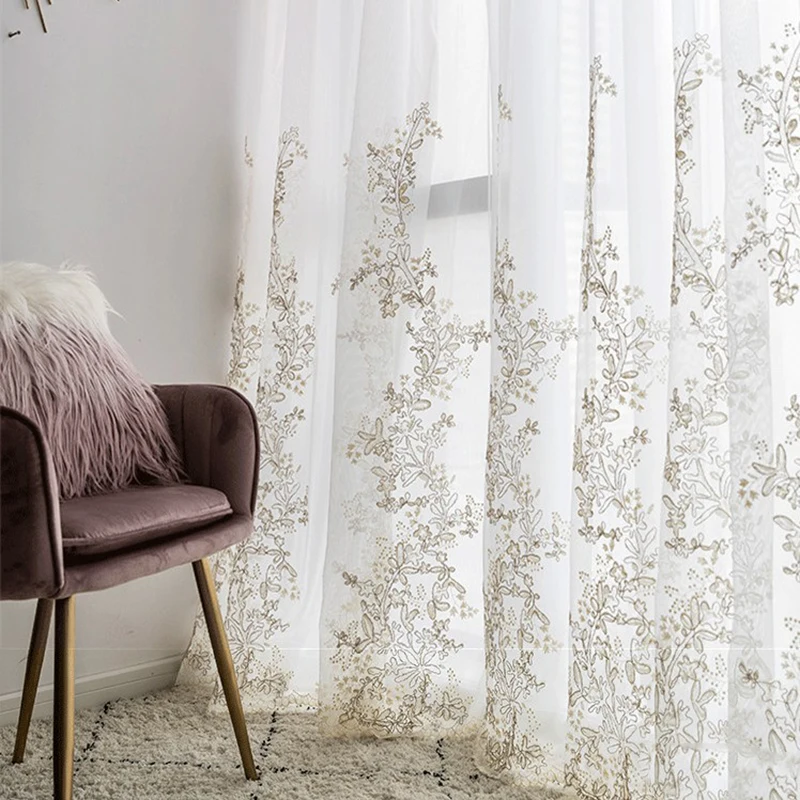 Embroidered Luxury Tulle Curtains For Living Room Bedroom Floral Voile Sheer Window Screen Curtain for Kitchen Blinds Drapes