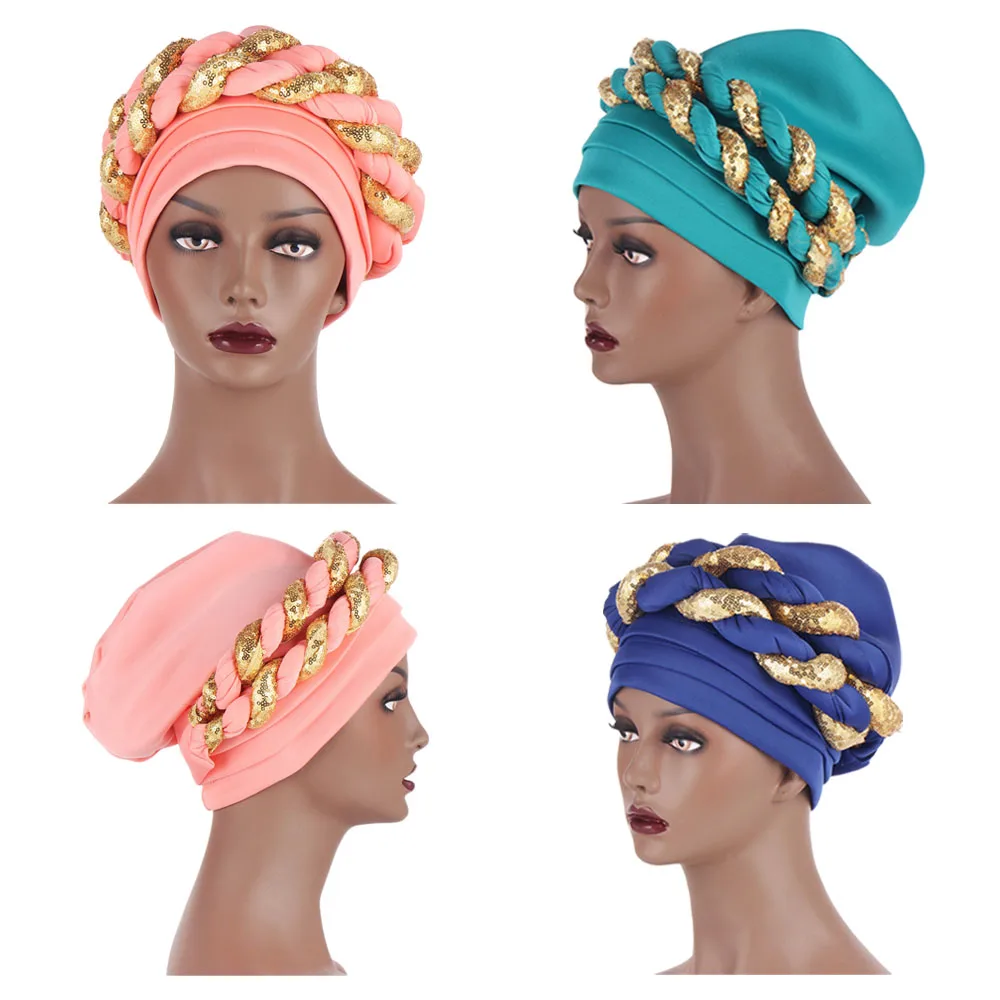 

Nigerian Gele Headtie With Sequins Already Made Auto Gele Turban Cap African Aso Ebi Gele Aaso Oke Head Wrap Bonnet 2024 Fashion