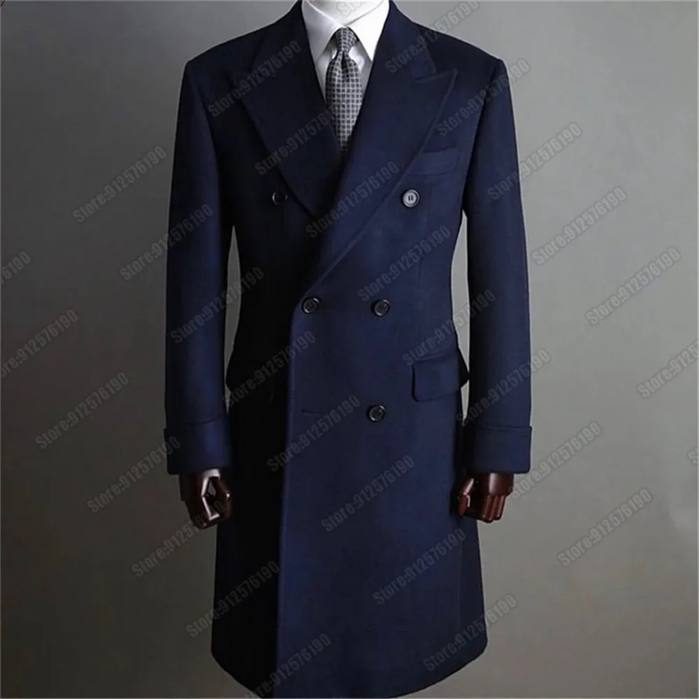 Customized Navy Men Suits Jacket Tweed Wool Blends Thick Double Breasted Long Overcoat Wedding Tuxedos Formal Blazer Work Wear