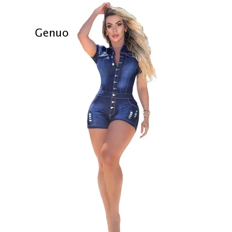 

Women Denim Jumpsuit Short Sleeve Turn-Down Collar Single-Breasted Bodycon Rompers Sexy Club Playsuit Overall Outfits