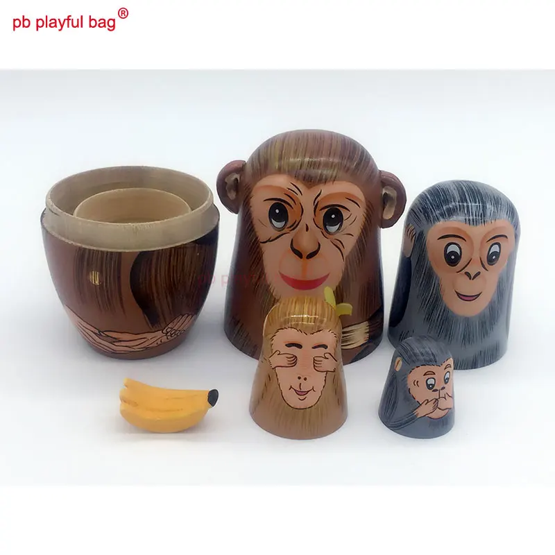 PB Spielerische tasche Fünf schicht affe essen banana Russische puppen handwerk handgemachte holz spielzeug set geburtstag präsentieren HG14