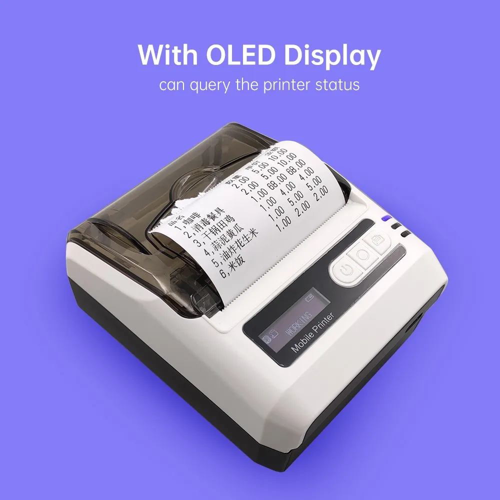 Bluetooth Mini Size Portable 1500mAh Thermal Printer for Receipt Ticket Lable with OLED Display Scroll Fixation