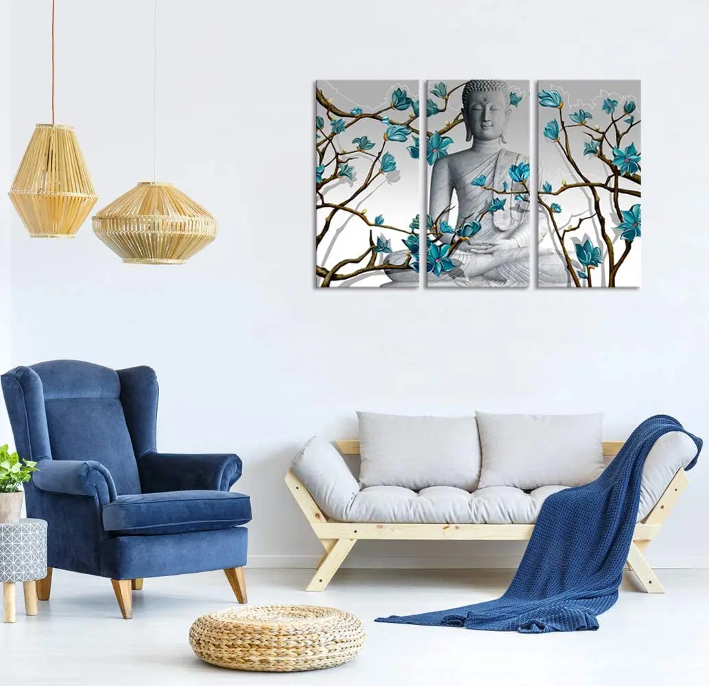 3 Pieces Buddha Wall Art Buddha Statue With Abstract Blue Flowers Painting Canvas Can For Household Office Wall Decoration