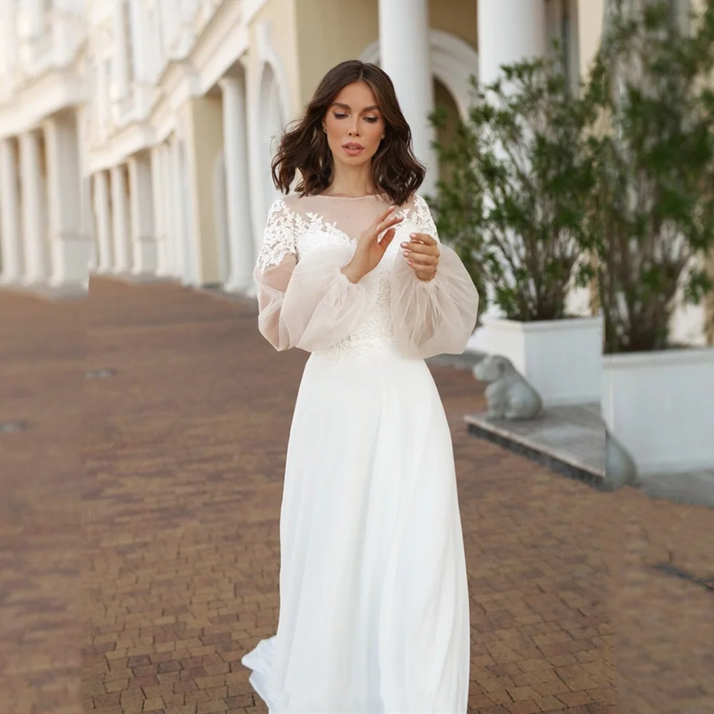 Boho Meerjungfrau Brautkleid U-Ausschnitt lange Puff ärmel Spitze Applikation Knopf Brautkleid elegante böhmische Robe de Mariee