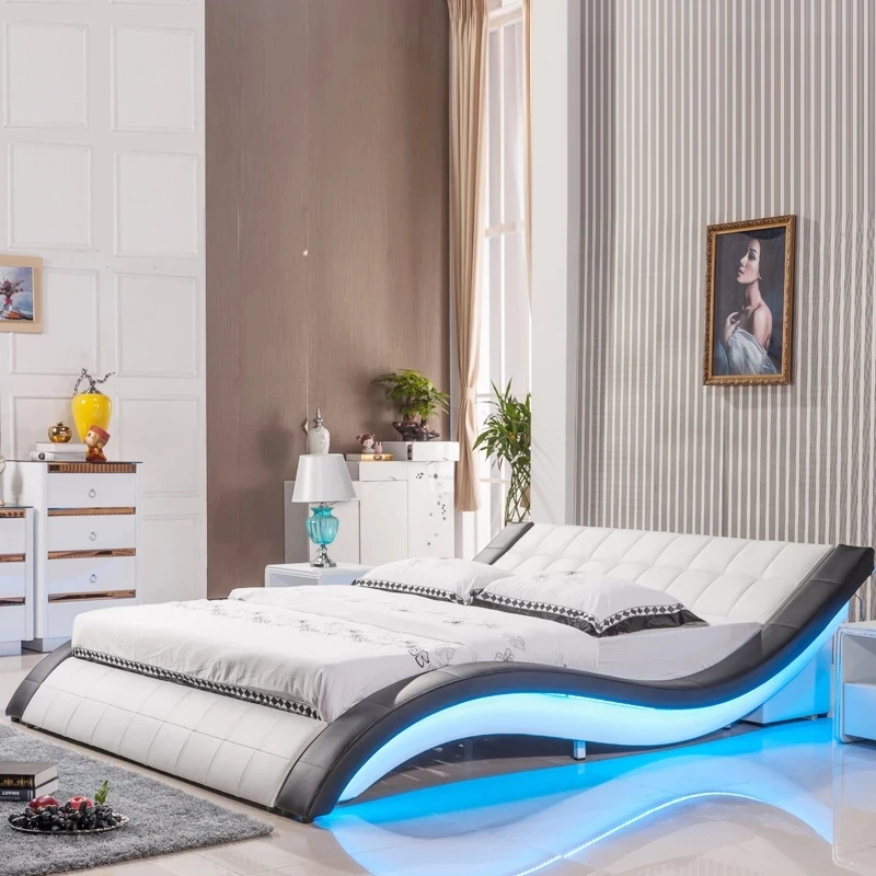 2022 modern design soft genuine leather bed 150 or 180 optional bed room furniture with led light