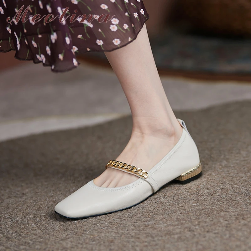 

Meotina Genuine Leather Women Mary Janes Shoes Round Toe Flat Shoes Chain Causal Ladies Footwear Autumn Cow Leather Beige 33-40