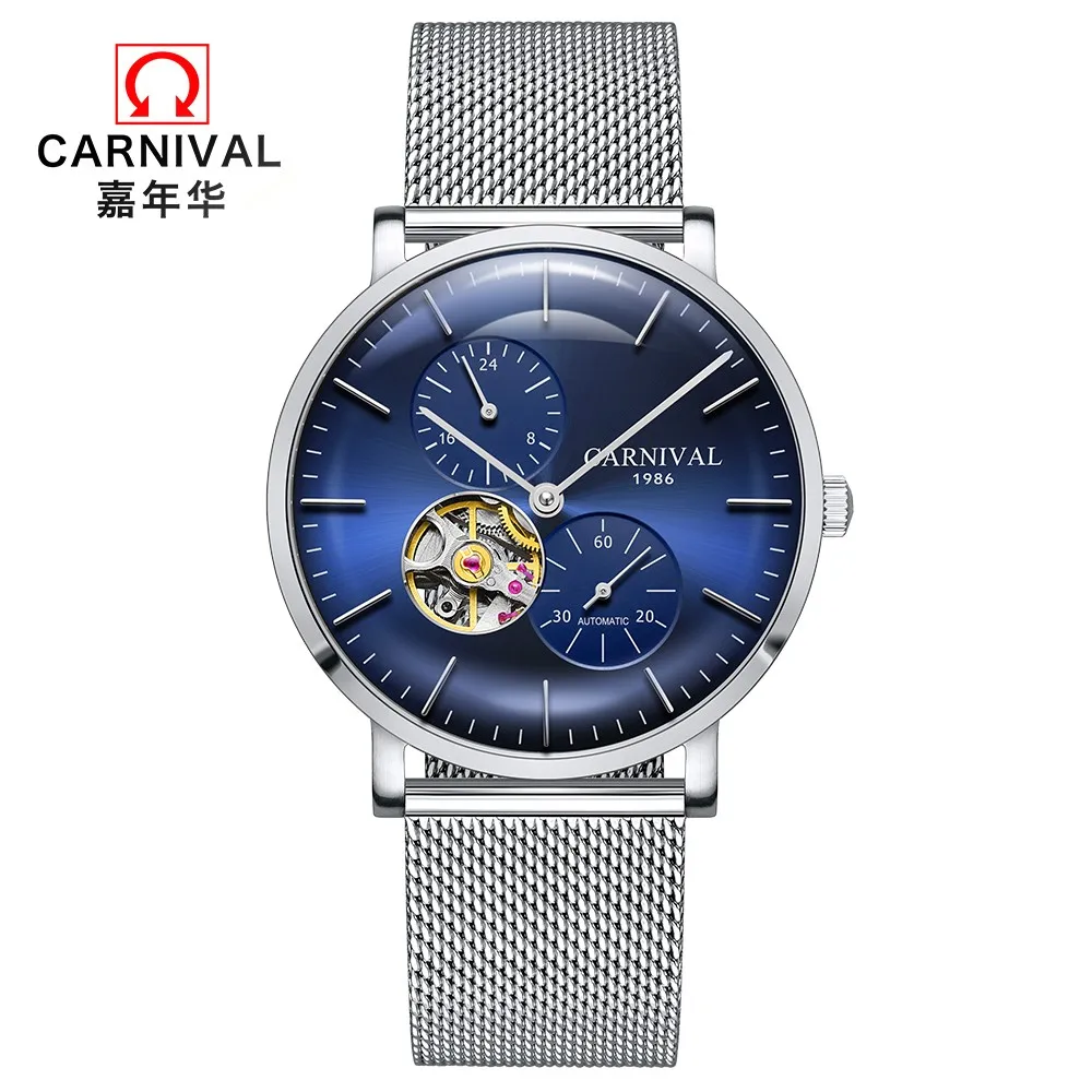 

CARNIVAL New Tourbillon Automatic Watch Men Small Second Dial Men's Business Mechanical Watches Mesh Strap 24hours Display Clock