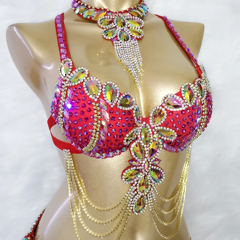 New Stage Wear Sexy Samba Carnival Handmade Belly Dance Costume Suit For Women Beaded Bra&Belt Set Party Rave Dancing Outfit 028