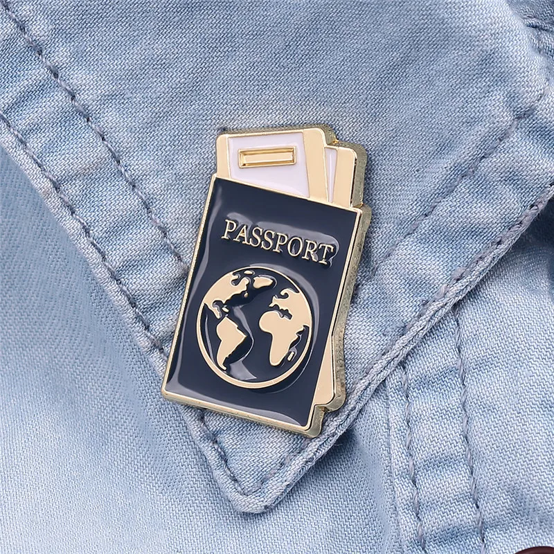 Blue Global Passport Shape Lapel Pin Earth Map Logo Enamel Pins Exquisite Backpack Clothes Accessories Jewelry Gift