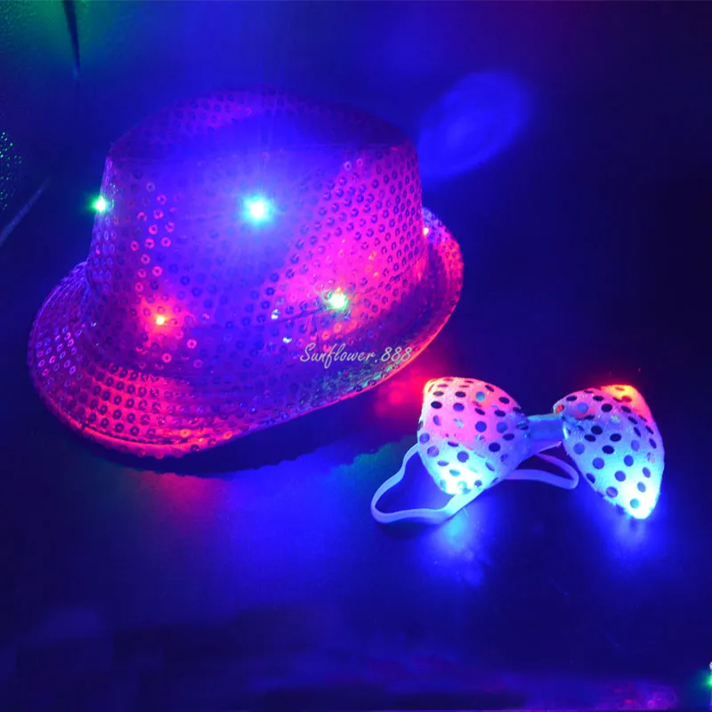 LED Flashing Light Up Sequin Tie Bow with Fedora Hat Party Wedding Boy Men            Christmas Decoration
