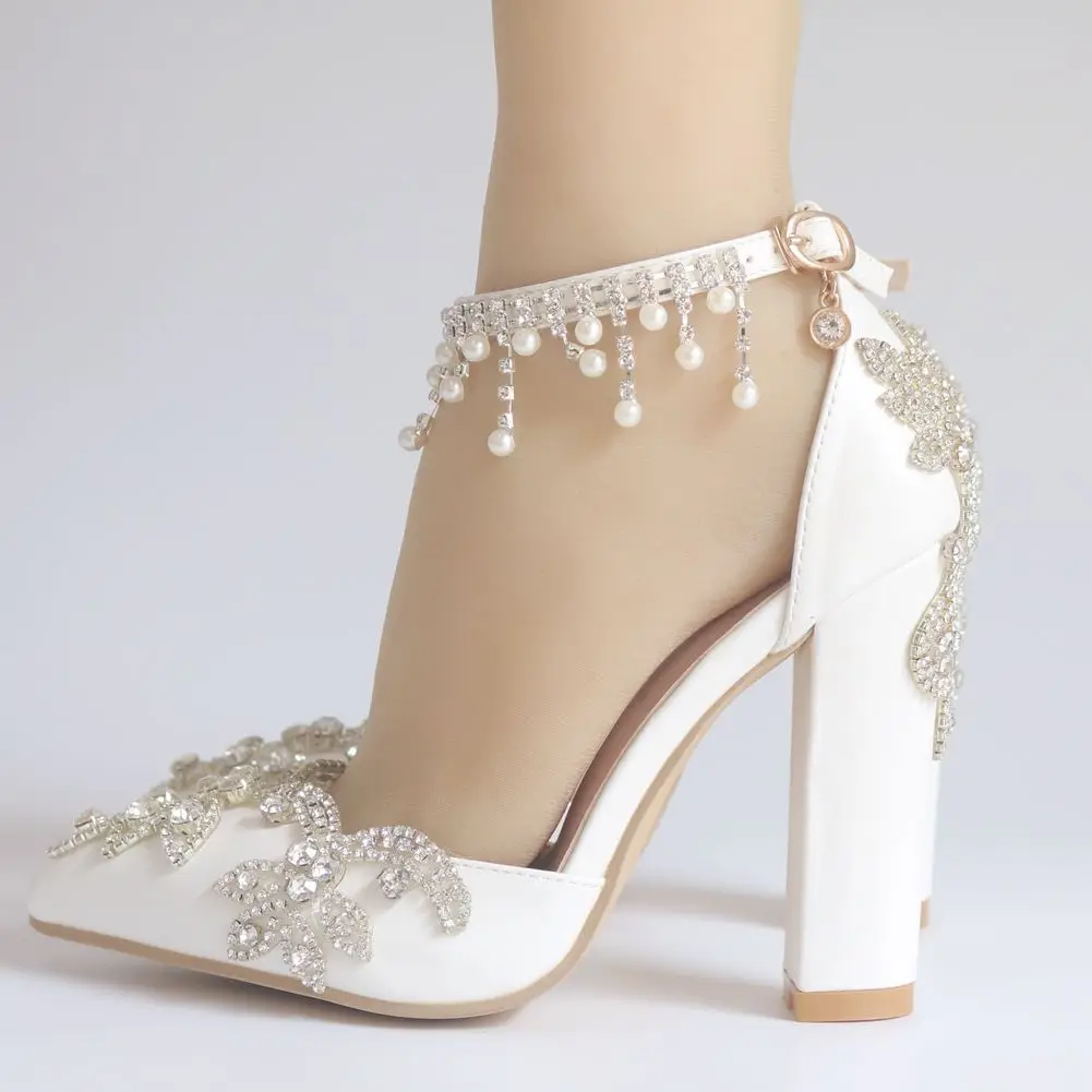 Sexy Wedding Shoes Bride Heels Crystal Pumps Christmas Evening Party Luxury Square Heel Sandals Woman Tassel rhinestones Shoes