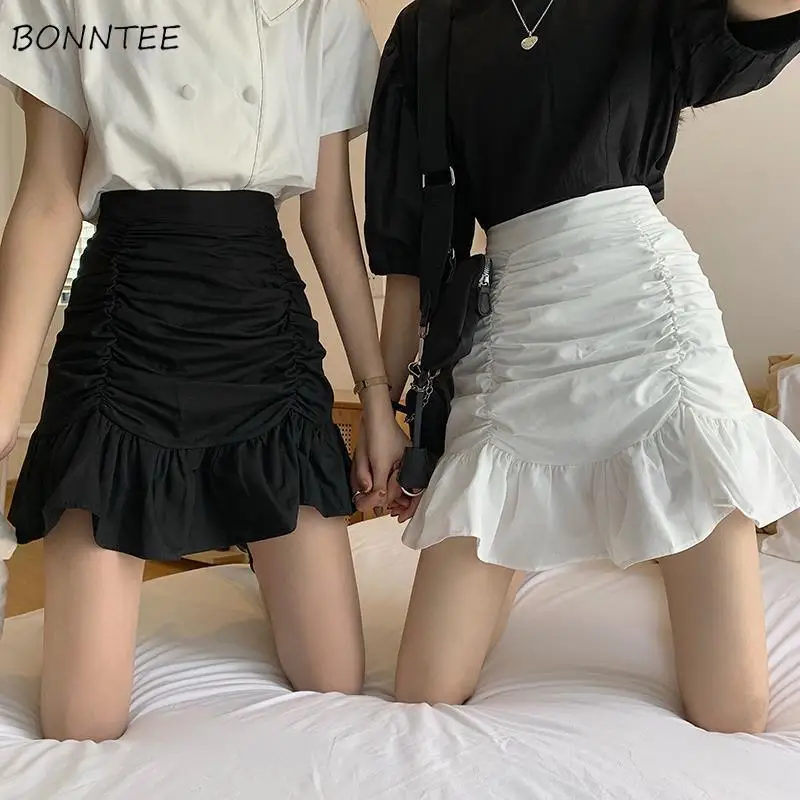 Skirts Women Solid A-line Summer Mini Hem Ruffles New Ulzzang Chic Ruched All-match High Waist Hot Selling Lovely Girls Elegant