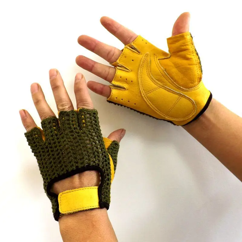 Unisex Real Leather Knitted Fingerless Gloves Semi-Fingers Sheepskin Half-Fingers Breathable Driving Gloves for Men And Women