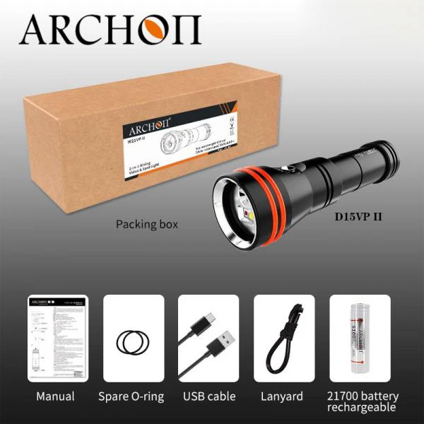 ARCHON D15VP II W21VP II Dive Video Light 3 color 3000LM dive HD video fill Flashlight with 21700 Type-c usb charging battery