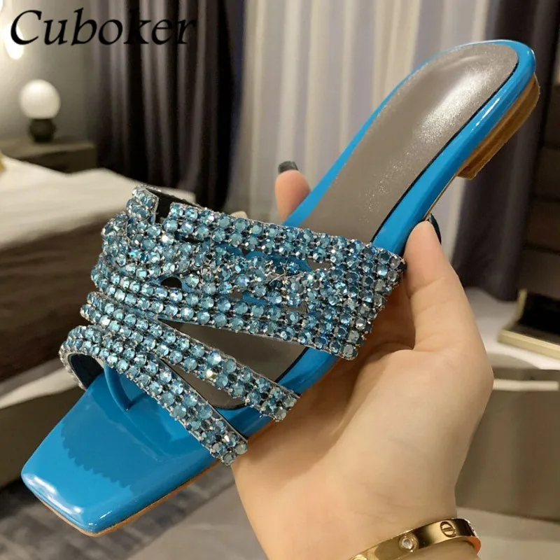 Brand Runway Square Toe Women Crystal Slippers Rhinestone Female Slides Flat With Bling Slippers Summer Party Dress Shoes Women