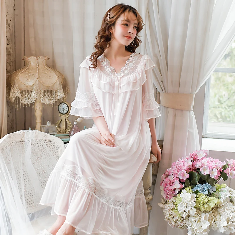 Palace princess Sleep dress female summer short sleeve palace princess long sweety lace nightdress ice silk modal dress F1862