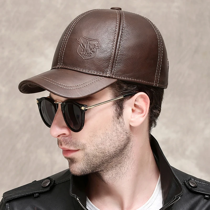 Male Genuine Leather 56-60CM Black/Brown Baseball Caps Eagle Print For Man Casual Street Gf Gorras Dad Hat