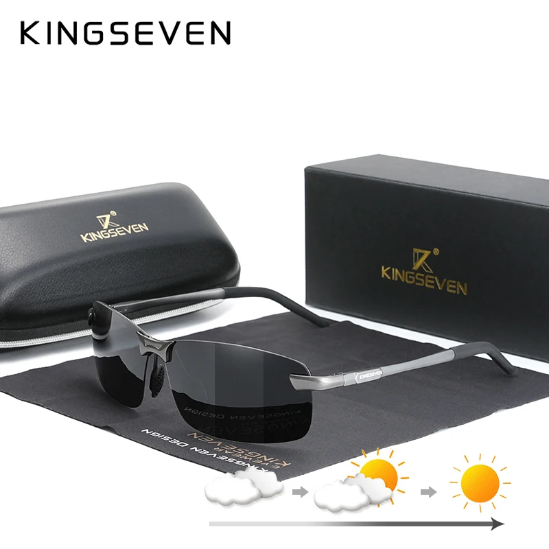 Okulary przeciwsłoneczne KINGSEVEN męskie fotochromowe polaryzacyjne z aluminiową oprawką, ochrona UV400, okulary do jazdy samochodem.