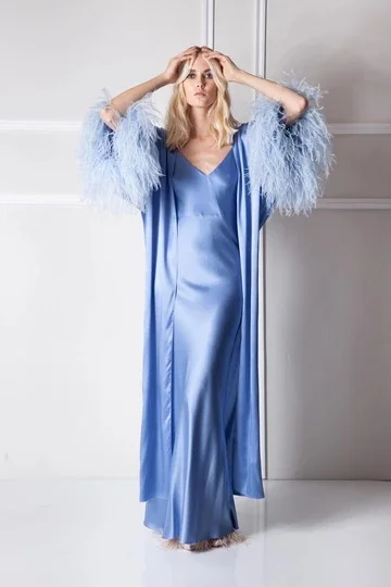 Blue Women Feather Bathrobe Sleepwear Two Pieces Night Robe Kimono Dressing Gown Babydoll Lingerie Bath Robe Luxury Nightgown