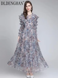 DLDENGHAN Fashion Designer Spring Mesh Maxi Dress Women O-Neck Ruffle Lantern Sleeve Flower Print Bohemian Pleated Long Dress