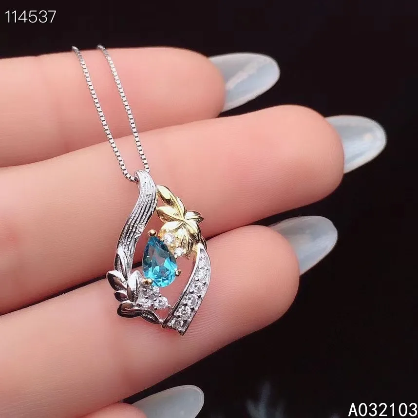 

KJJEAXCMY fine jewelry 925 Sterling Silver inlaid natural Swiss Blue Topaz Girl elegant fresh water drop GEM PENDANT NECKLACE su