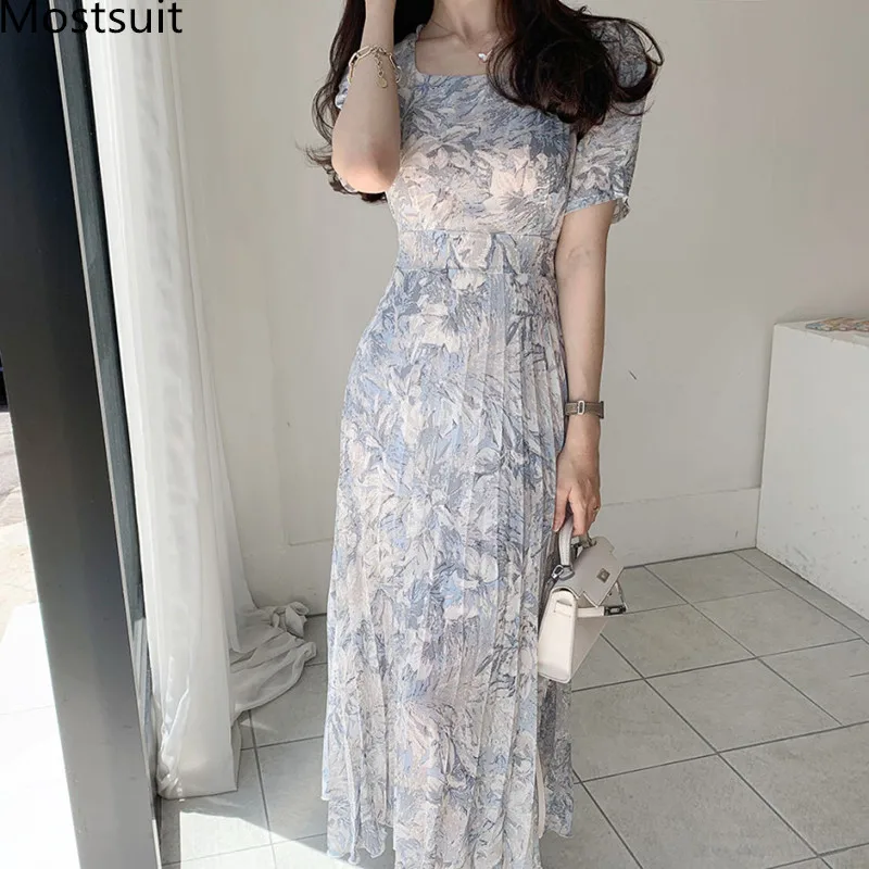 2022 Summer Water-color Printed Korean Chiffon Long Dress Women Short Sleeve Square Collar Belted Pleated Elegant Dresses Femme