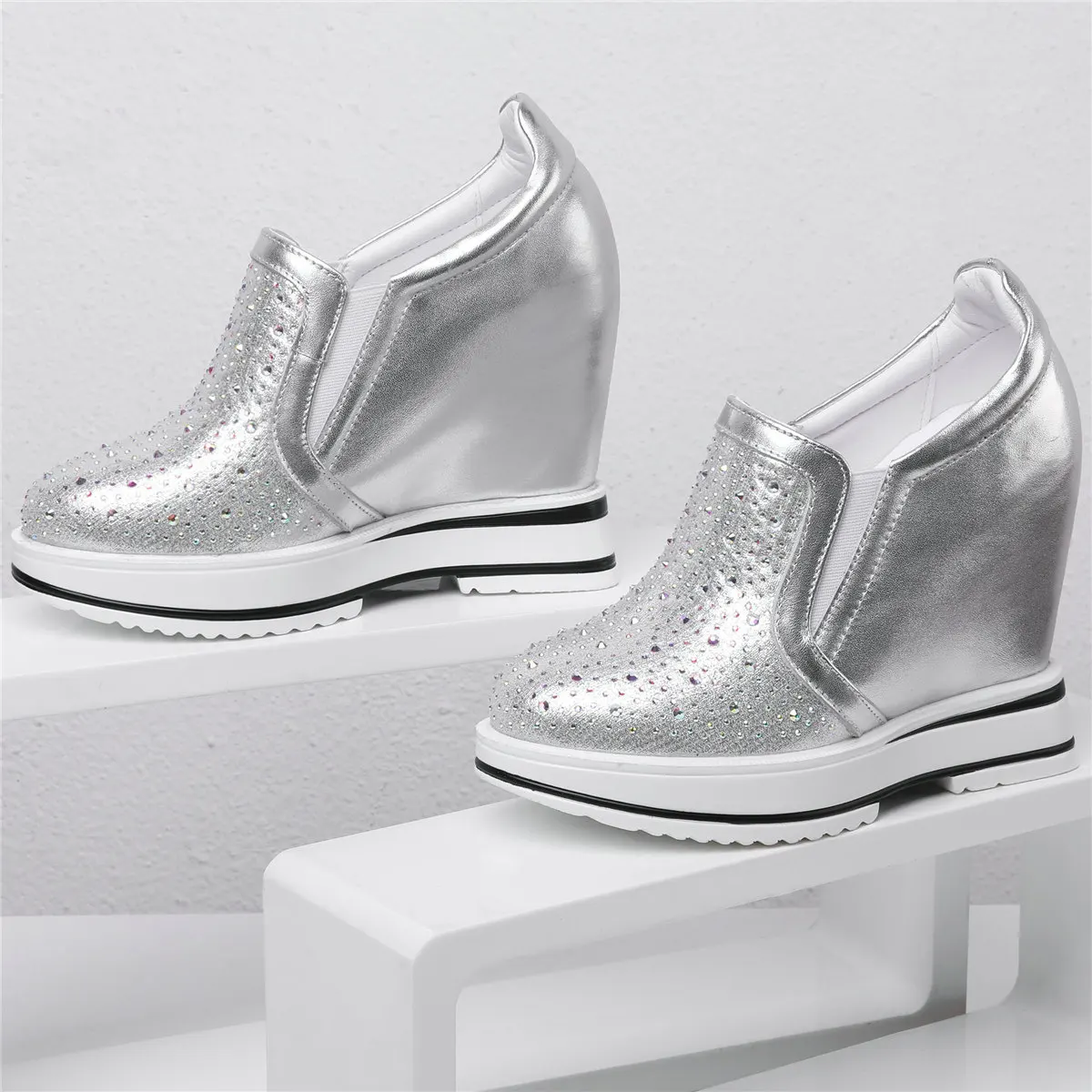 

Rhinestones Ankle Boots Women Genuine Leather Wedges High Heel Platform Pumps Female Round Toe Fashion Sneakers Casual Shoes