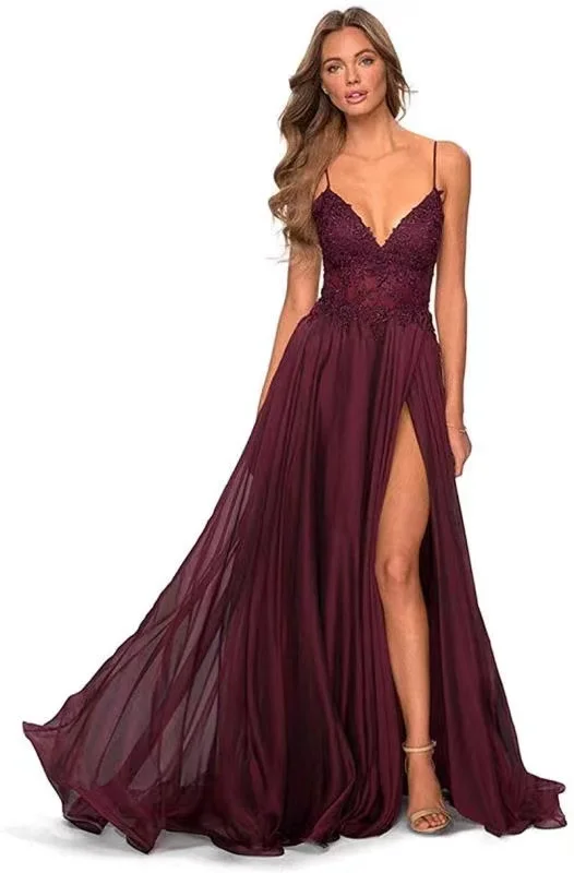 

V-Neck Chiffon Prom Dress Lace Appliques Long Slit Backless Evening Dress Wedding Party Dress Cocktail Dresses