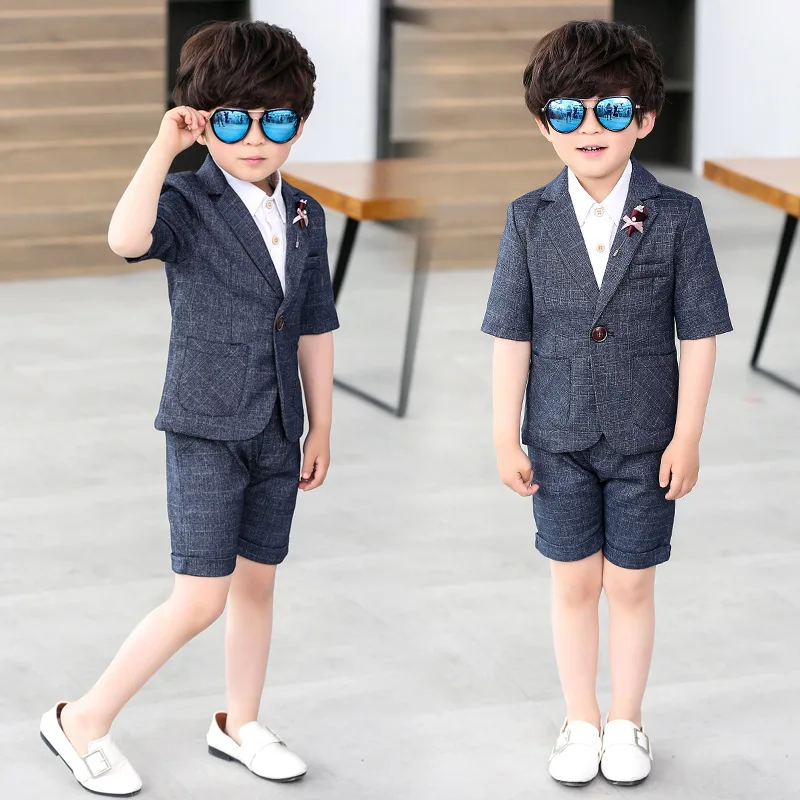 Boys Summer Formal Blazer+Shorts 2PCS Clothing Set Kids Wedding Tuxedo Dress School Children Chorus Performance Dress Costume