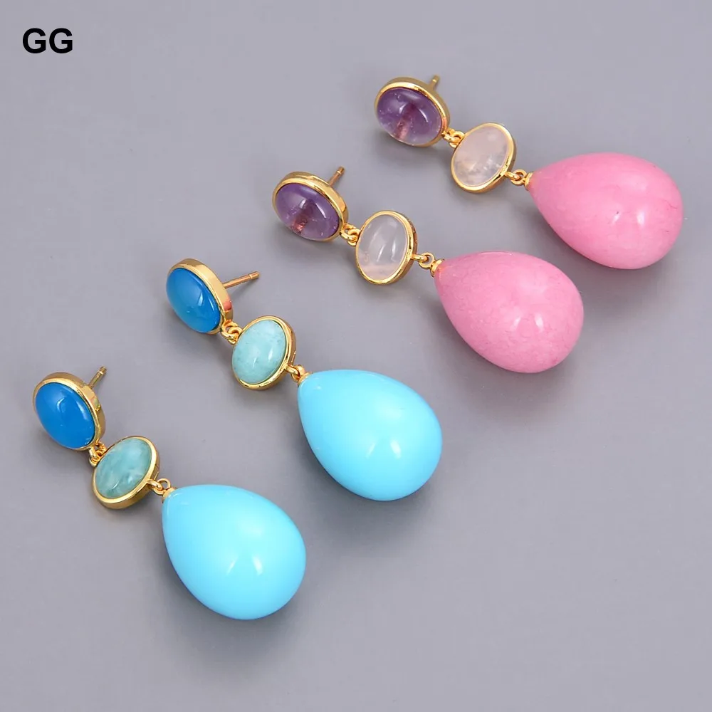 

GuaiGuai Jewelry Natural Gems Teardrop Amethyst Amazonites Agates Jade Quartzs Aventurine Dangle Stud Earrings For Women