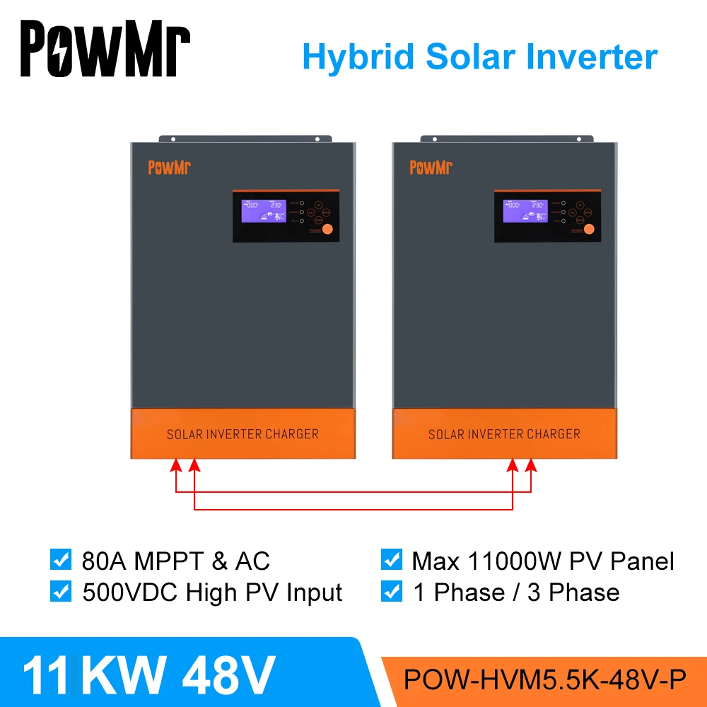 

PowMr Hybrid Solar Inverter 11KW 48V 220V 500Vdc PV Input 80A MPPT Solar Charger And Battery Charger Pure Sine Wave Solar Invers