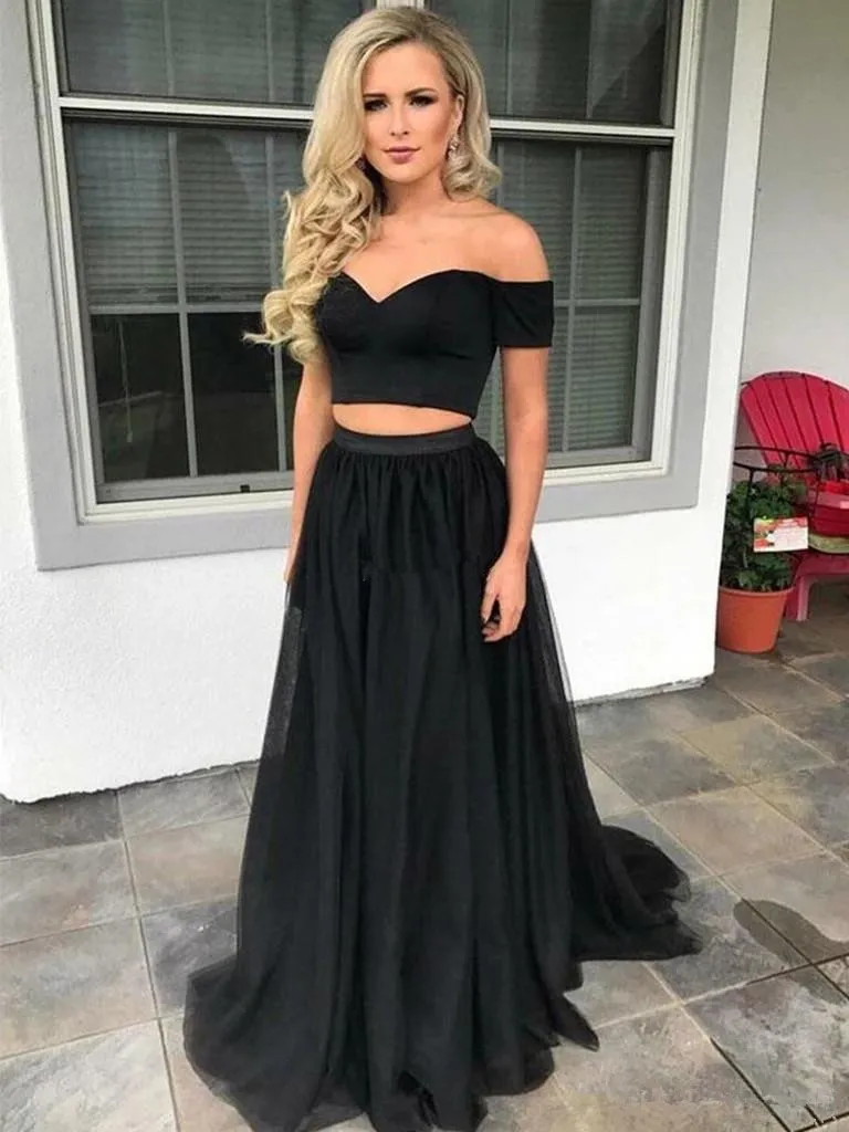 Balck-Vestidos de fiesta de graduación de fiesta de 2 piezas, satinado personalizado, Sexy, escote Corazón, largo hasta el suelo, formales, de princesa