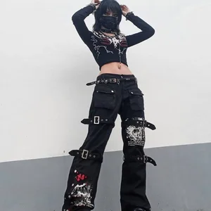 Schwarze gotische E-Mädchen-Frachthose Capri Frauen Low Taille Jeans Lange Hosen Y2K Grunge Vintage Hip Hop Punk Harajuku Streetwear 10 Hauptumsatz mit niedriger Taillenhose - №10