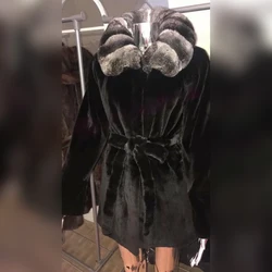 Cappotto di pelliccia di coniglio nero vero Rex alla moda con colletto rovesciato donna naturale inverno nuova giacca di pelliccia di coniglio Full Pelt Rex donna