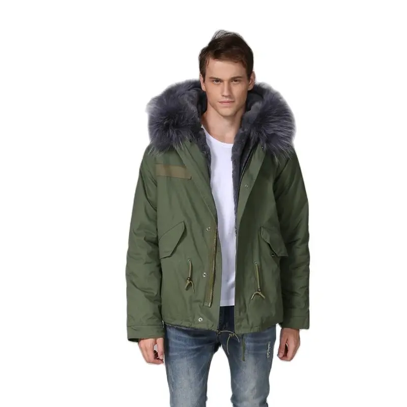 Attractive Short Parka Grey Faux Fur Lined Coat Invierno Thick Jacket Men Blazer Wear Knitted Overcoat