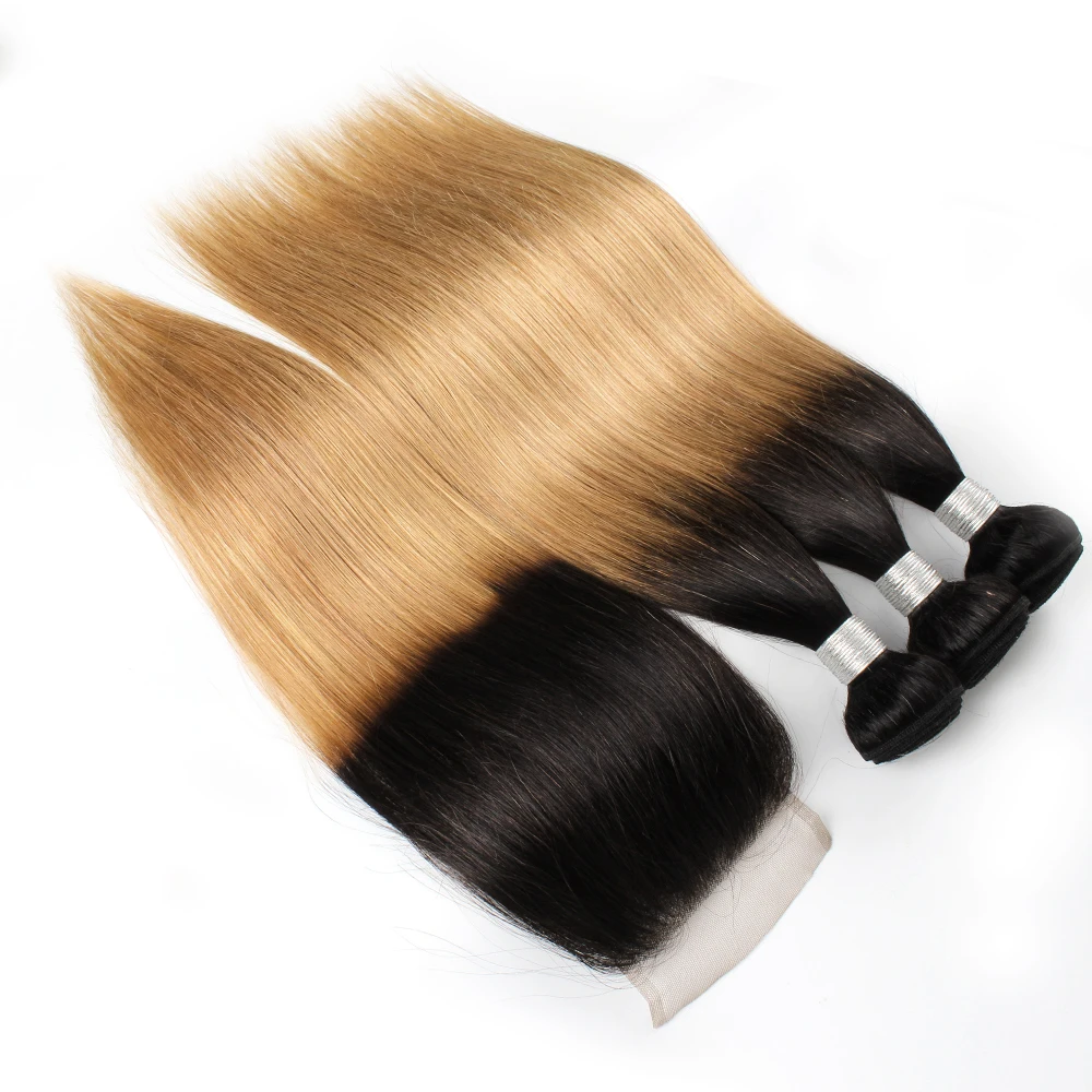 Kisshair T1B27 T1B30 hair bundles with closure honey blonde medium auburn with dark roots 4*4 Swiss lace Indian human hair weave