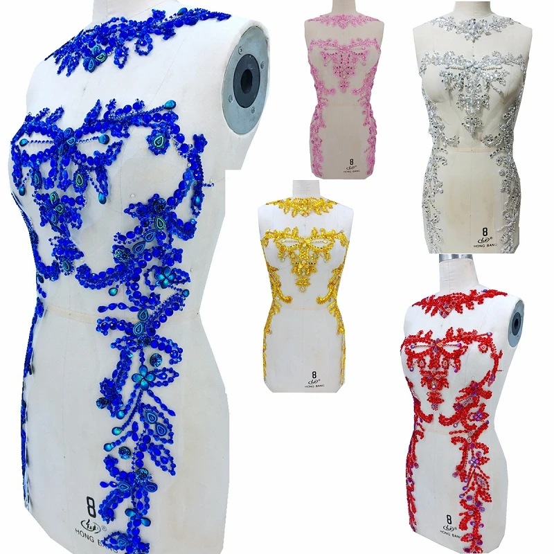 1Pc Rhinestone Crystal Appliques Tulle Crystale Beading Lace Collar with Lace Backing Wedding Dress Belt Bridal Clothing