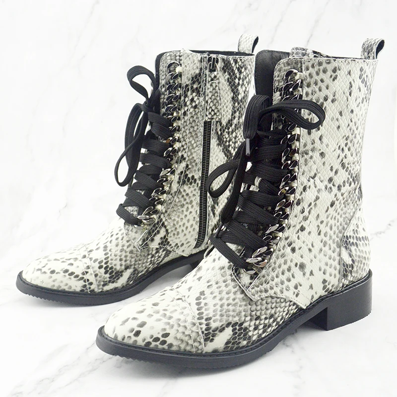 Fashion Grey Python Metal Chains Lace-up Ankle Boots Women Square Heels Punk Boots Black white Leather Motorcycle Boots Shoes