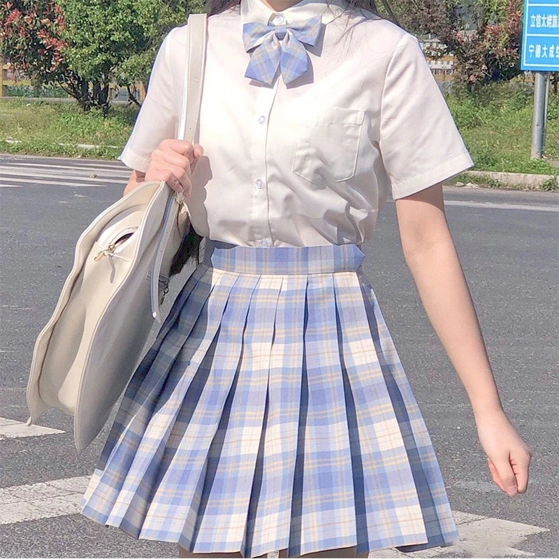 [Sorvete] Menina japonesa Verão Xadrez Azul Cintura Alta Saias Plissadas Saias Xadrez Mulheres Vestido Para JK Uniforme Escolar Estudantes