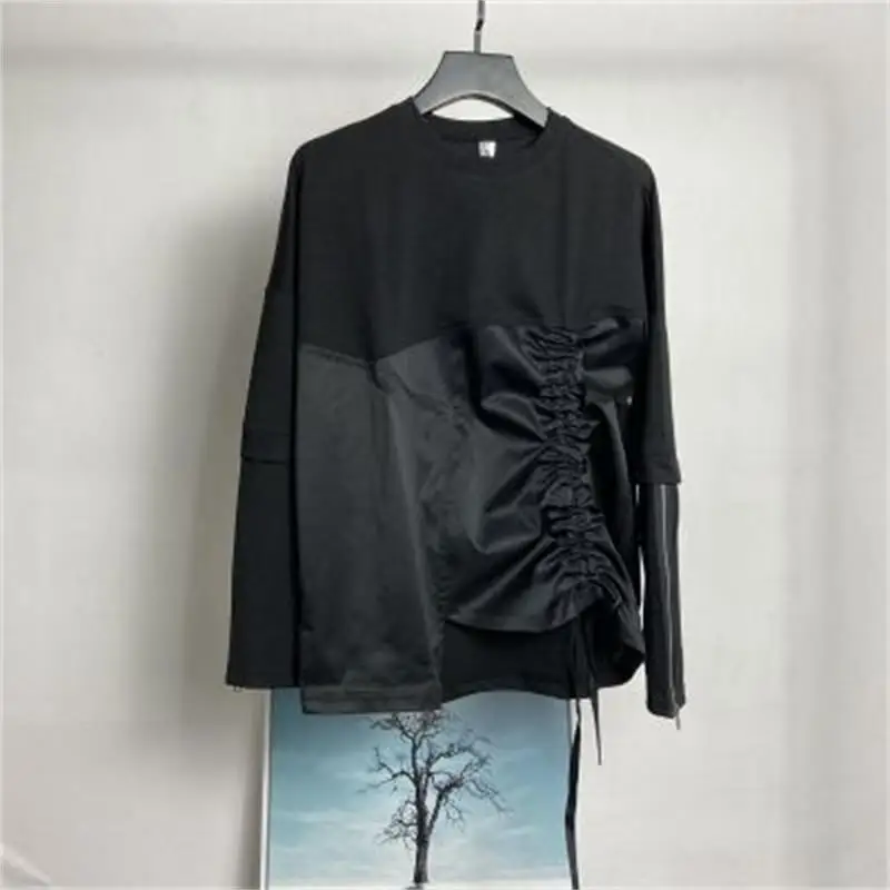 Spring new men's dark fashion brand round-necked long-sleeve hoodie irregular stitching fake two-sleeve t-shirt