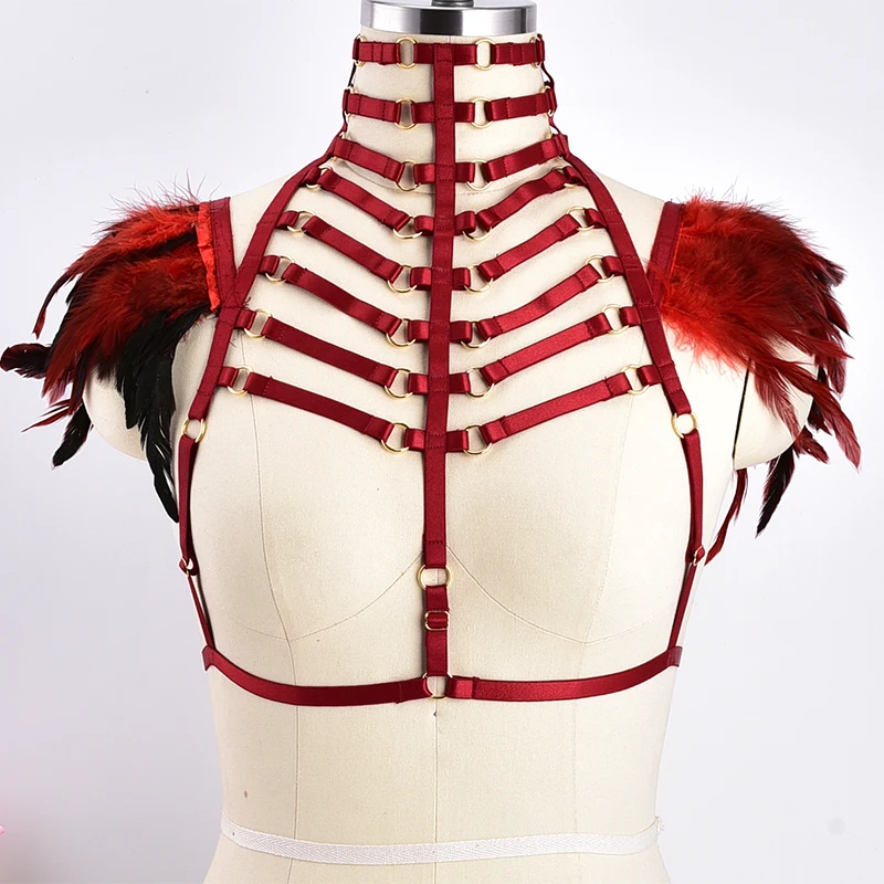 

Wine Red Feather Harness Cage Bralette Epaulettes Lingerie Cosplay BurningMan Gothic Top Elastic Adjustable Shoulder Wings Strap