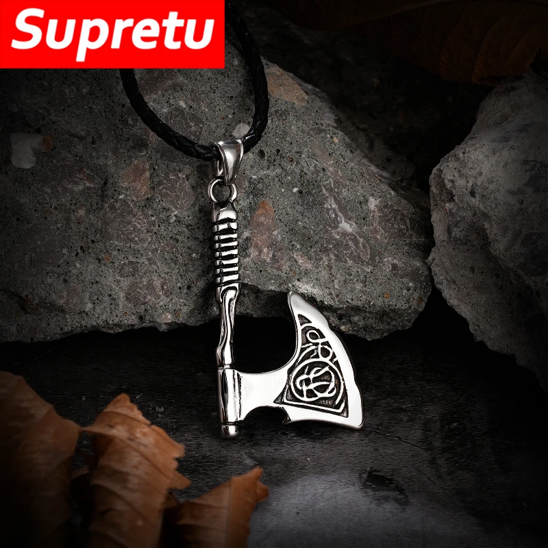 Viking Axe Stainless Steel Necklace Men‘s Norse Rune Celtic Knot Odin Tomahawk Pendant Self-defense Amulet Scandinavian Jewelry