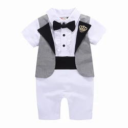 Bé Bé Trai Phối Nơ Thái Lễ Rửa Tội Romper Áo Liền Quần Cho Bé Mùa Hè Một Mảnh Ren Christening Áo Liền Quần Đùi Bé Trai Trắng Quý Ông Quần Áo 12M